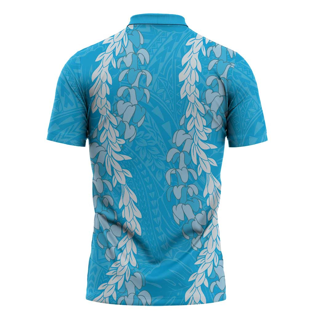 Puakenikeni and Maile Lei Zipper Polo Shirt Blue Double Strand Lei - Polynesian Pride