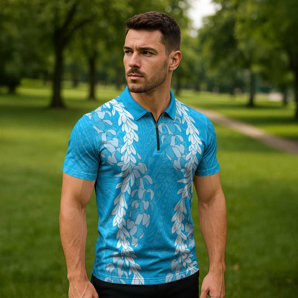 Puakenikeni and Maile Lei Zipper Polo Shirt Blue Double Strand Lei - Polynesian Pride
