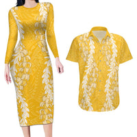 Puakenikeni and Maile Lei Couples Matching Long Sleeve Bodycon Dress and Hawaiian Shirt Gold Double Strand Lei LT9 Gold - Polynesian Pride