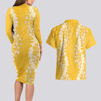 Puakenikeni and Maile Lei Couples Matching Long Sleeve Bodycon Dress and Hawaiian Shirt Gold Double Strand Lei LT9 - Polynesian Pride