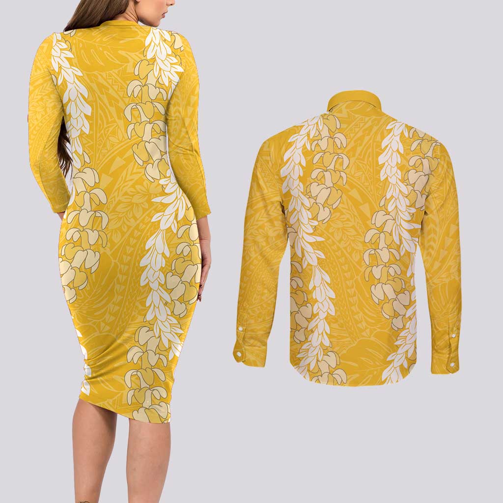 Puakenikeni and Maile Lei Couples Matching Long Sleeve Bodycon Dress and Long Sleeve Button Shirt Gold Double Strand Lei LT9 - Polynesian Pride