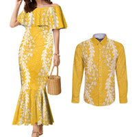 Puakenikeni and Maile Lei Couples Matching Mermaid Dress and Long Sleeve Button Shirt Gold Double Strand Lei LT9 Gold - Polynesian Pride