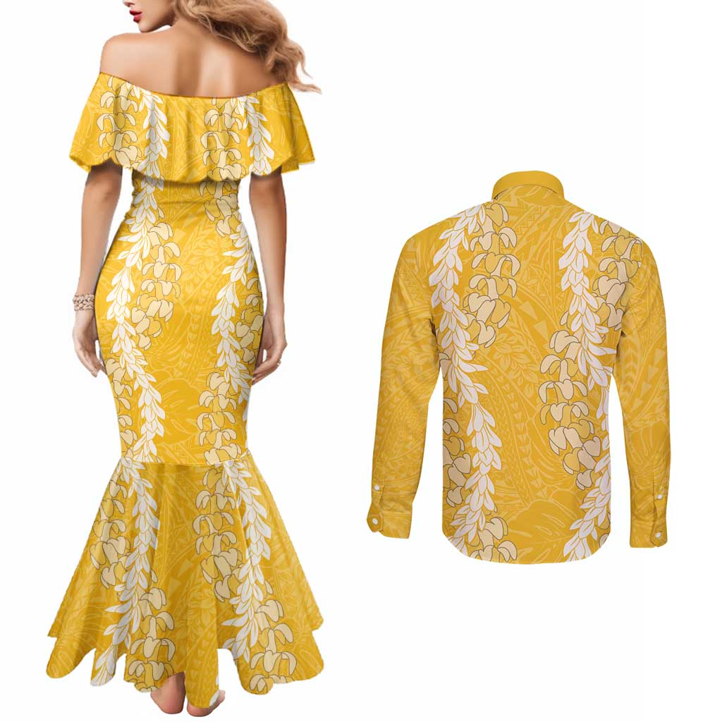 Puakenikeni and Maile Lei Couples Matching Mermaid Dress and Long Sleeve Button Shirt Gold Double Strand Lei LT9 - Polynesian Pride