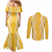 Puakenikeni and Maile Lei Couples Matching Mermaid Dress and Long Sleeve Button Shirt Gold Double Strand Lei LT9 - Polynesian Pride