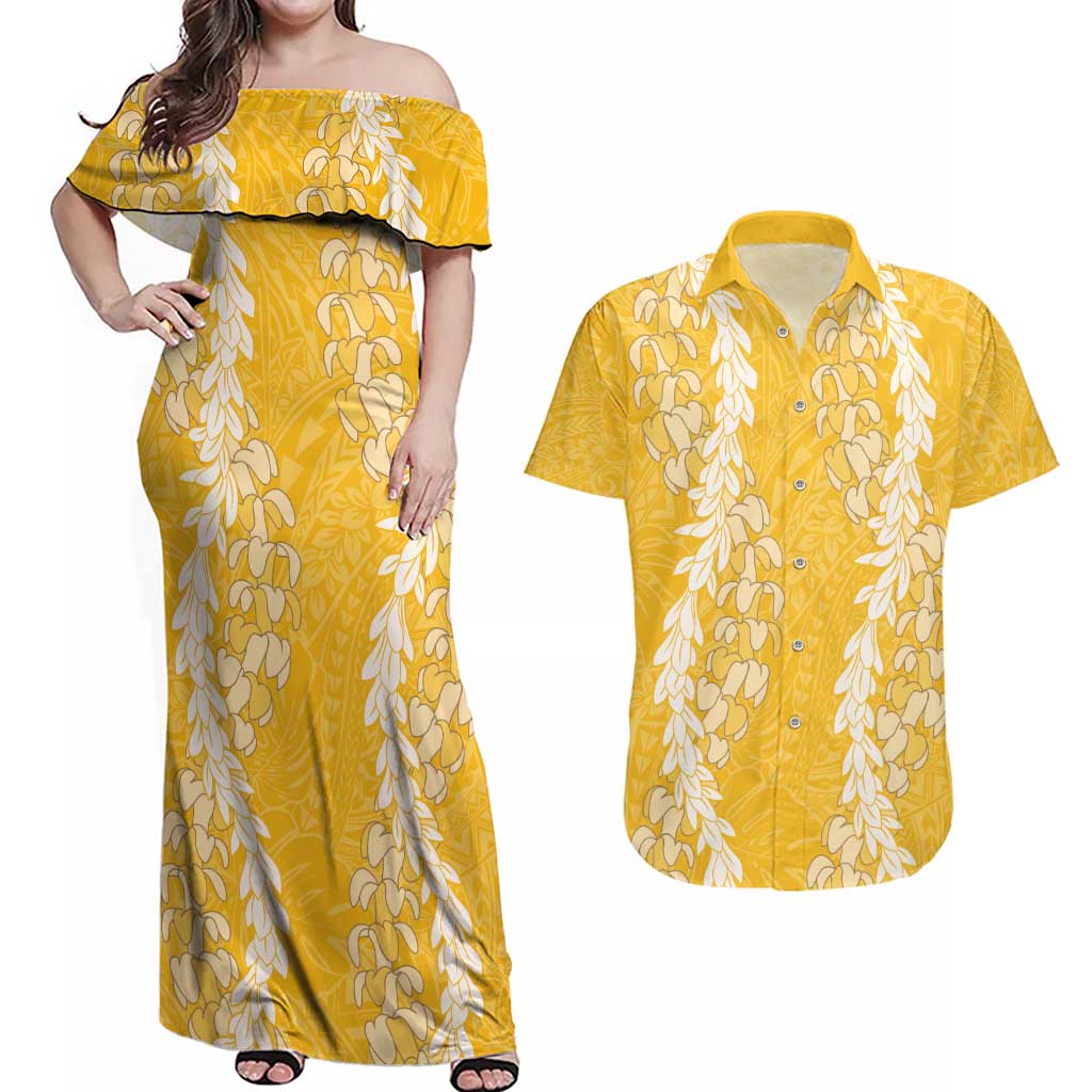 Puakenikeni and Maile Lei Couples Matching Off Shoulder Maxi Dress and Hawaiian Shirt Gold Double Strand Lei LT9 Gold - Polynesian Pride