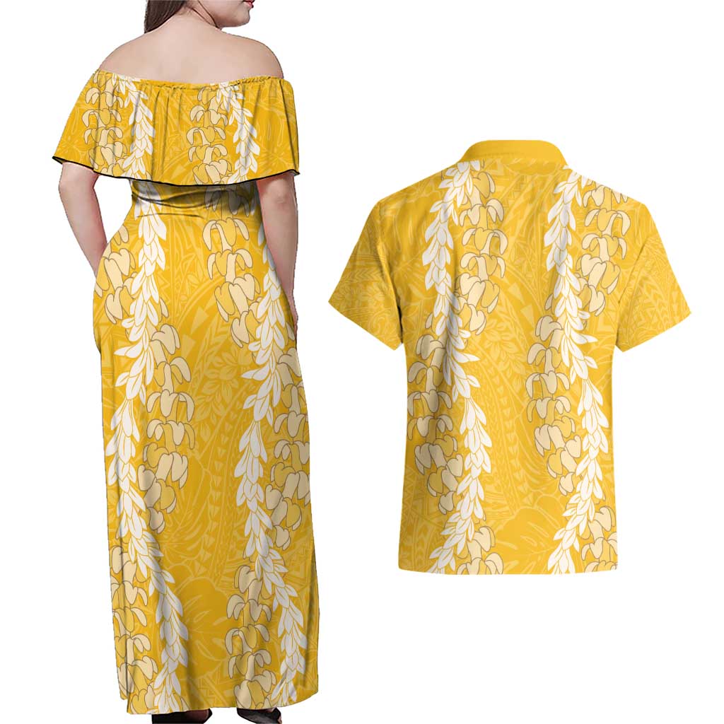 Puakenikeni and Maile Lei Couples Matching Off Shoulder Maxi Dress and Hawaiian Shirt Gold Double Strand Lei LT9 - Polynesian Pride