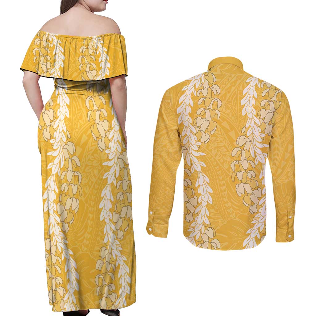 Puakenikeni and Maile Lei Couples Matching Off Shoulder Maxi Dress and Long Sleeve Button Shirt Gold Double Strand Lei LT9 - Polynesian Pride