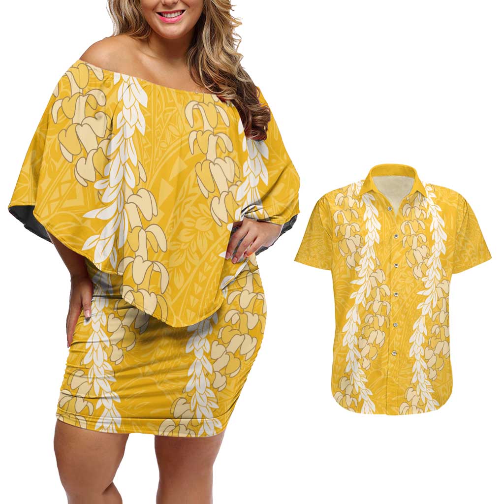 Puakenikeni and Maile Lei Couples Matching Off Shoulder Short Dress and Hawaiian Shirt Gold Double Strand Lei LT9 Gold - Polynesian Pride