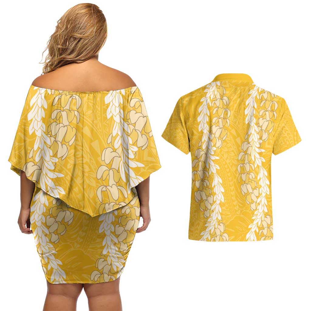 Puakenikeni and Maile Lei Couples Matching Off Shoulder Short Dress and Hawaiian Shirt Gold Double Strand Lei LT9 - Polynesian Pride