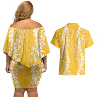 Puakenikeni and Maile Lei Couples Matching Off Shoulder Short Dress and Hawaiian Shirt Gold Double Strand Lei LT9 - Polynesian Pride
