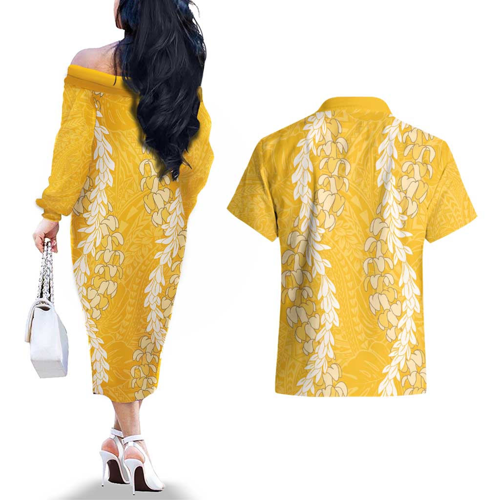 Puakenikeni and Maile Lei Couples Matching Off The Shoulder Long Sleeve Dress and Hawaiian Shirt Gold Double Strand Lei LT9 - Polynesian Pride