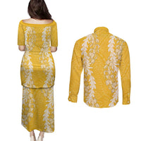 Puakenikeni and Maile Lei Couples Matching Puletasi and Long Sleeve Button Shirt Gold Double Strand Lei LT9 - Polynesian Pride
