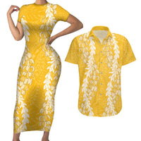Puakenikeni and Maile Lei Couples Matching Short Sleeve Bodycon Dress and Hawaiian Shirt Gold Double Strand Lei LT9 Gold - Polynesian Pride