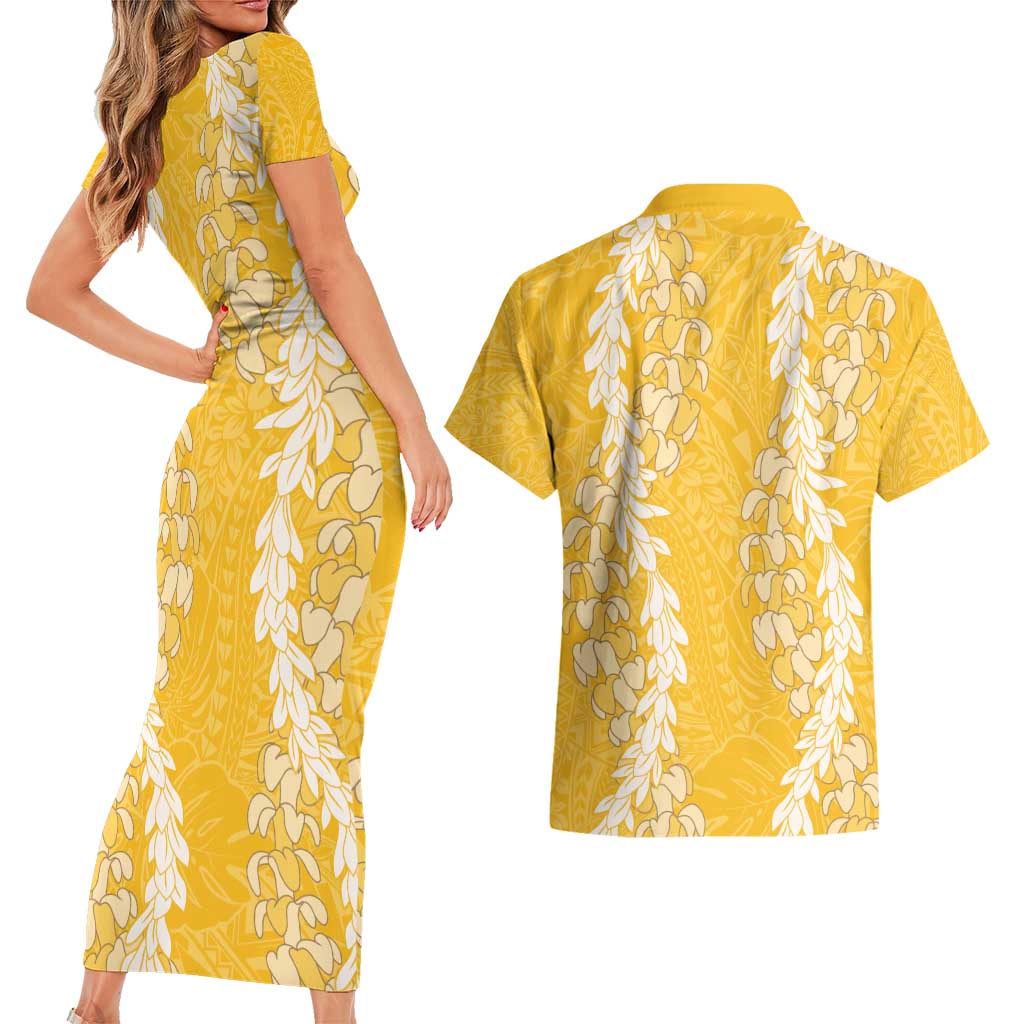 Puakenikeni and Maile Lei Couples Matching Short Sleeve Bodycon Dress and Hawaiian Shirt Gold Double Strand Lei LT9 - Polynesian Pride