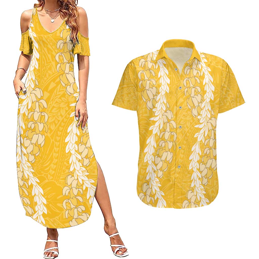 Puakenikeni and Maile Lei Couples Matching Summer Maxi Dress and Hawaiian Shirt Gold Double Strand Lei LT9 Gold - Polynesian Pride