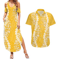 Puakenikeni and Maile Lei Couples Matching Summer Maxi Dress and Hawaiian Shirt Gold Double Strand Lei LT9 Gold - Polynesian Pride
