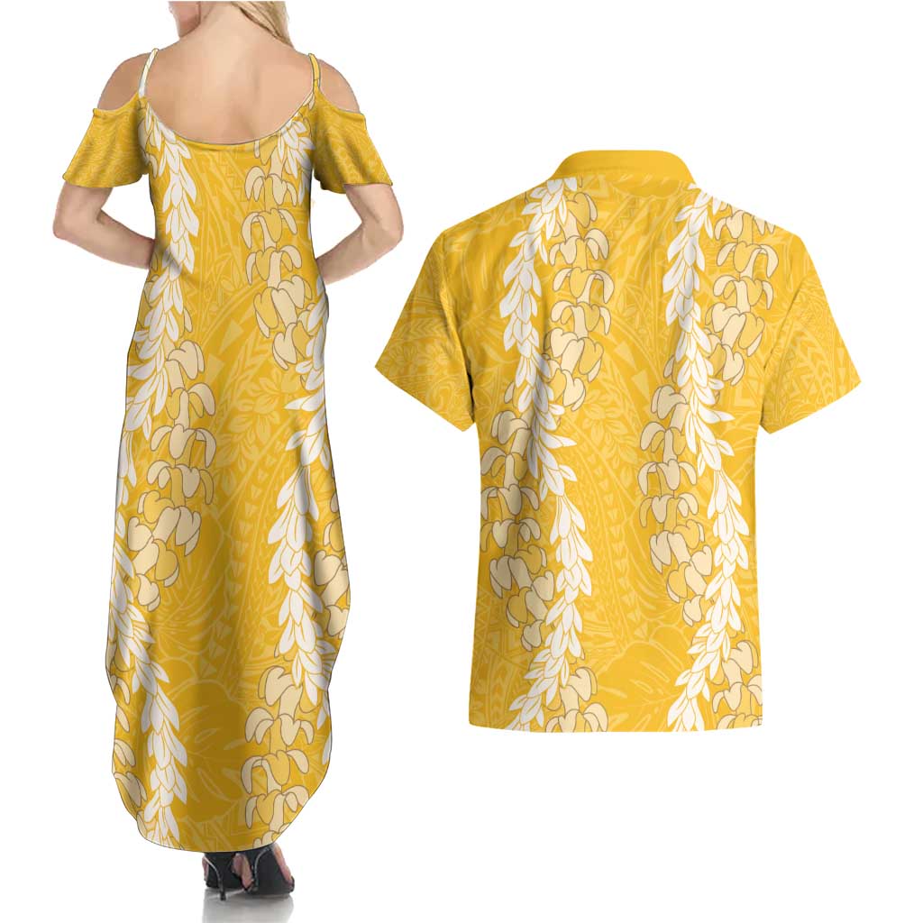 Puakenikeni and Maile Lei Couples Matching Summer Maxi Dress and Hawaiian Shirt Gold Double Strand Lei LT9 - Polynesian Pride