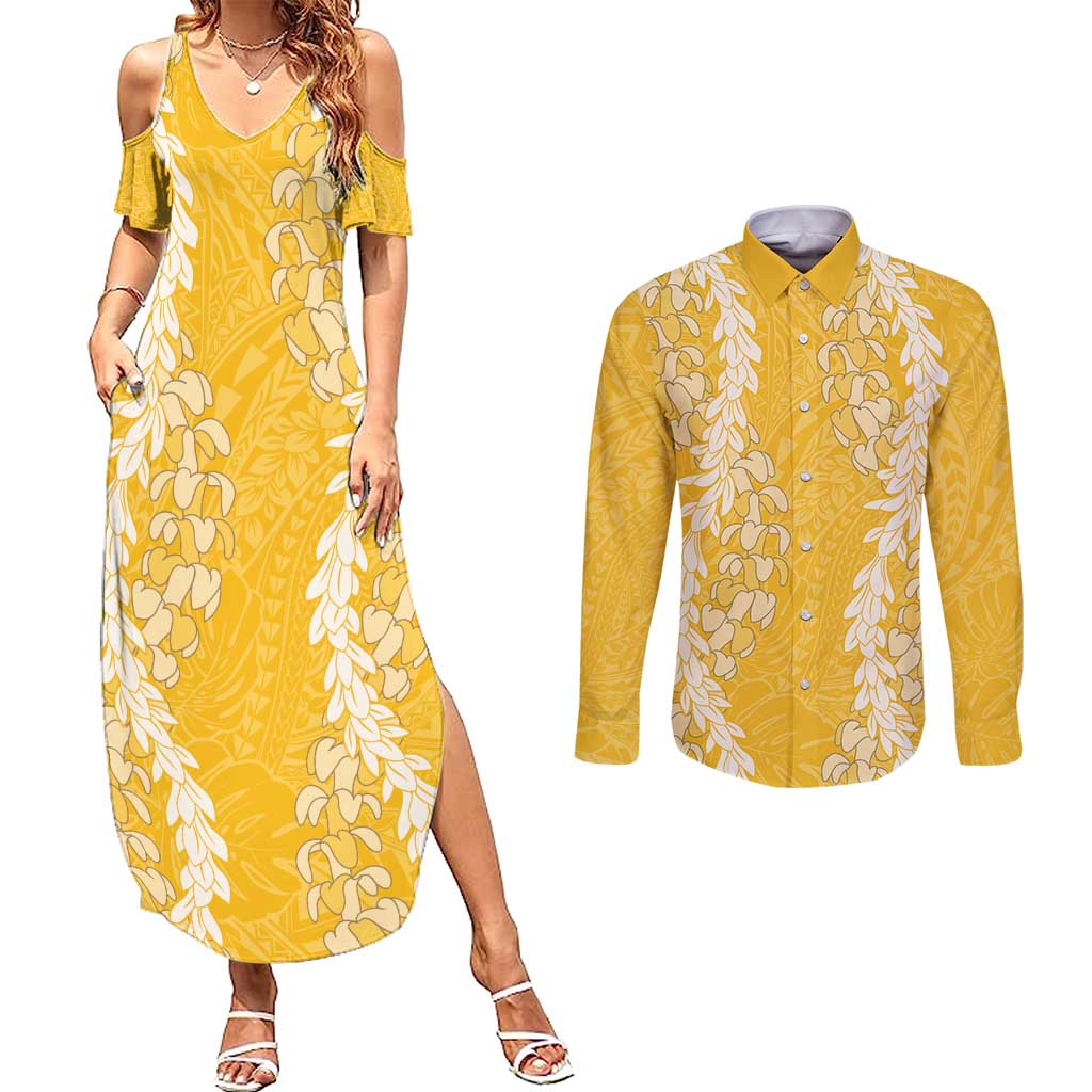 Puakenikeni and Maile Lei Couples Matching Summer Maxi Dress and Long Sleeve Button Shirt Gold Double Strand Lei LT9 Gold - Polynesian Pride