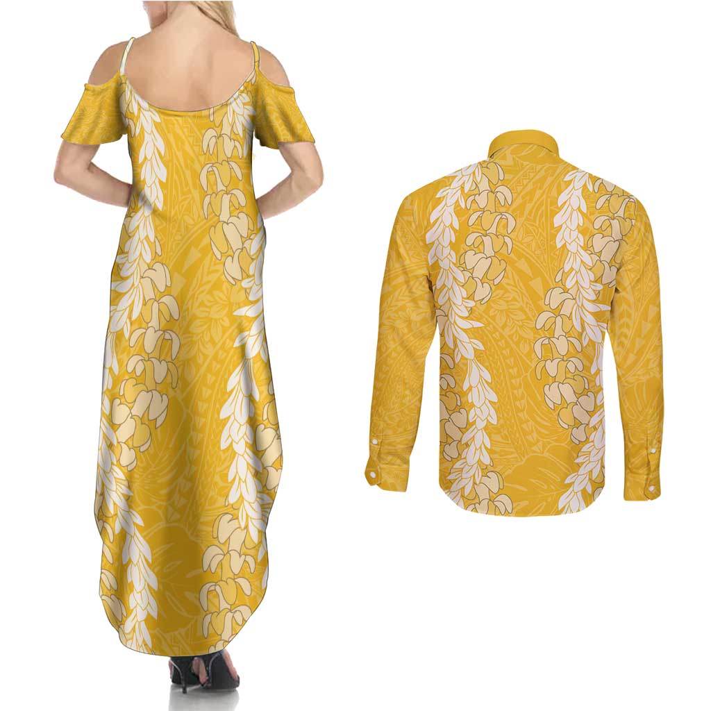 Puakenikeni and Maile Lei Couples Matching Summer Maxi Dress and Long Sleeve Button Shirt Gold Double Strand Lei LT9 - Polynesian Pride