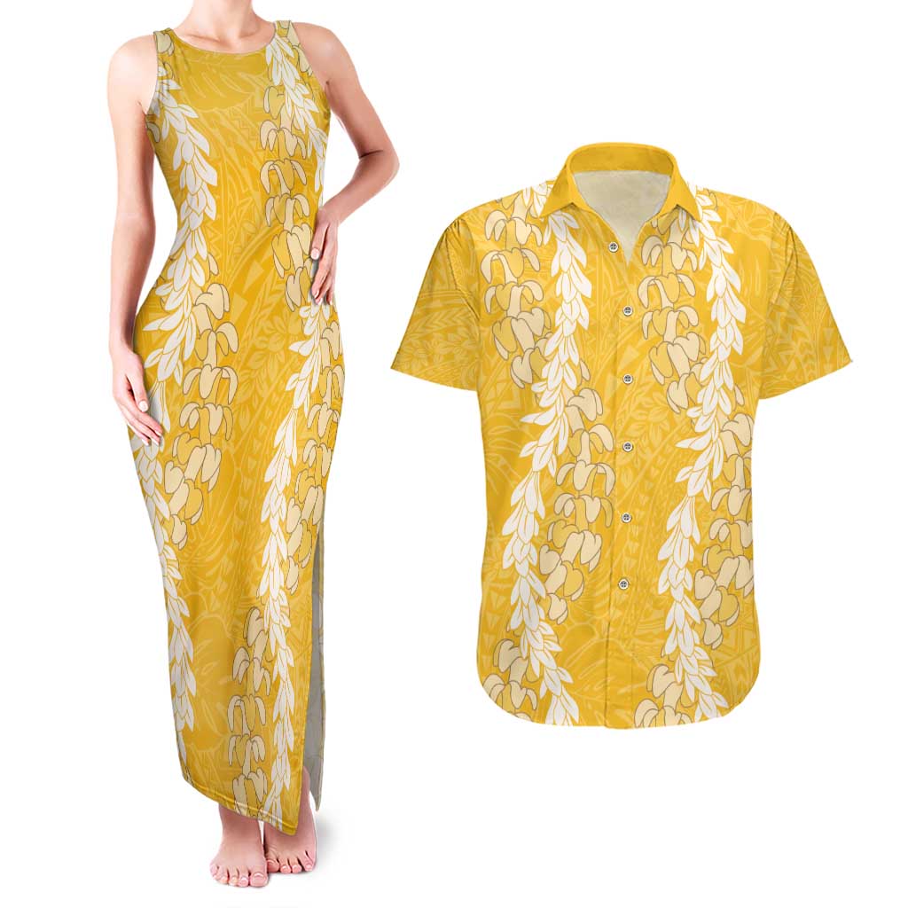 Puakenikeni and Maile Lei Couples Matching Tank Maxi Dress and Hawaiian Shirt Gold Double Strand Lei LT9 Gold - Polynesian Pride