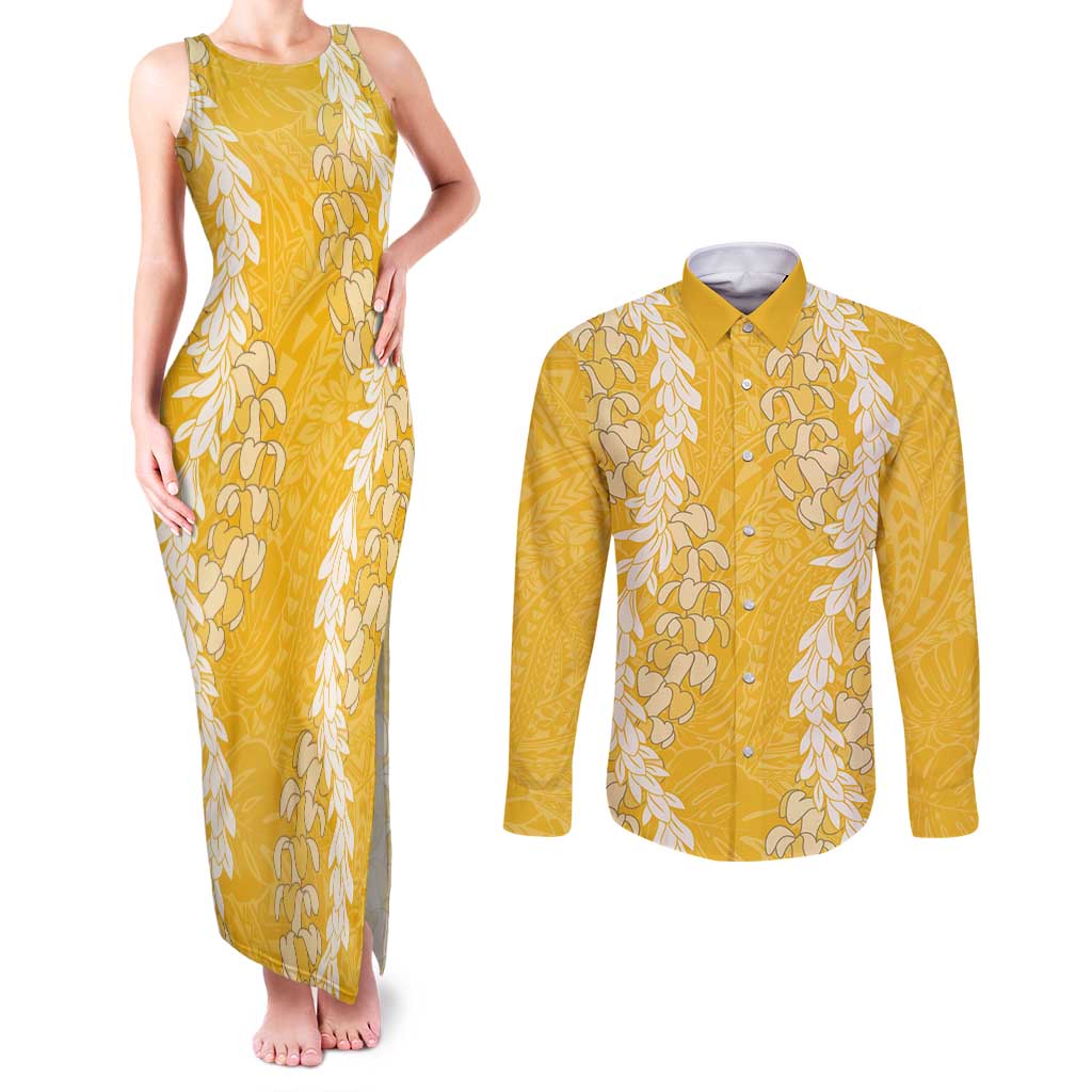 Puakenikeni and Maile Lei Couples Matching Tank Maxi Dress and Long Sleeve Button Shirt Gold Double Strand Lei LT9 Gold - Polynesian Pride