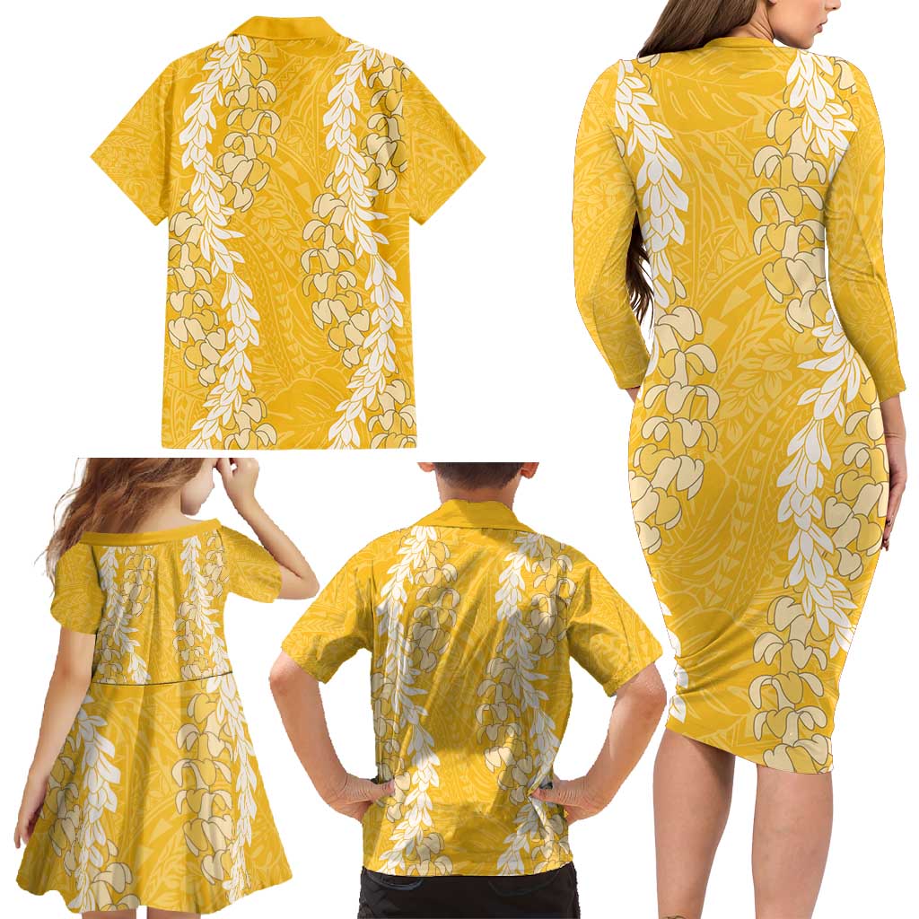 Puakenikeni and Maile Lei Family Matching Long Sleeve Bodycon Dress and Hawaiian Shirt Gold Double Strand Lei LT9 - Polynesian Pride