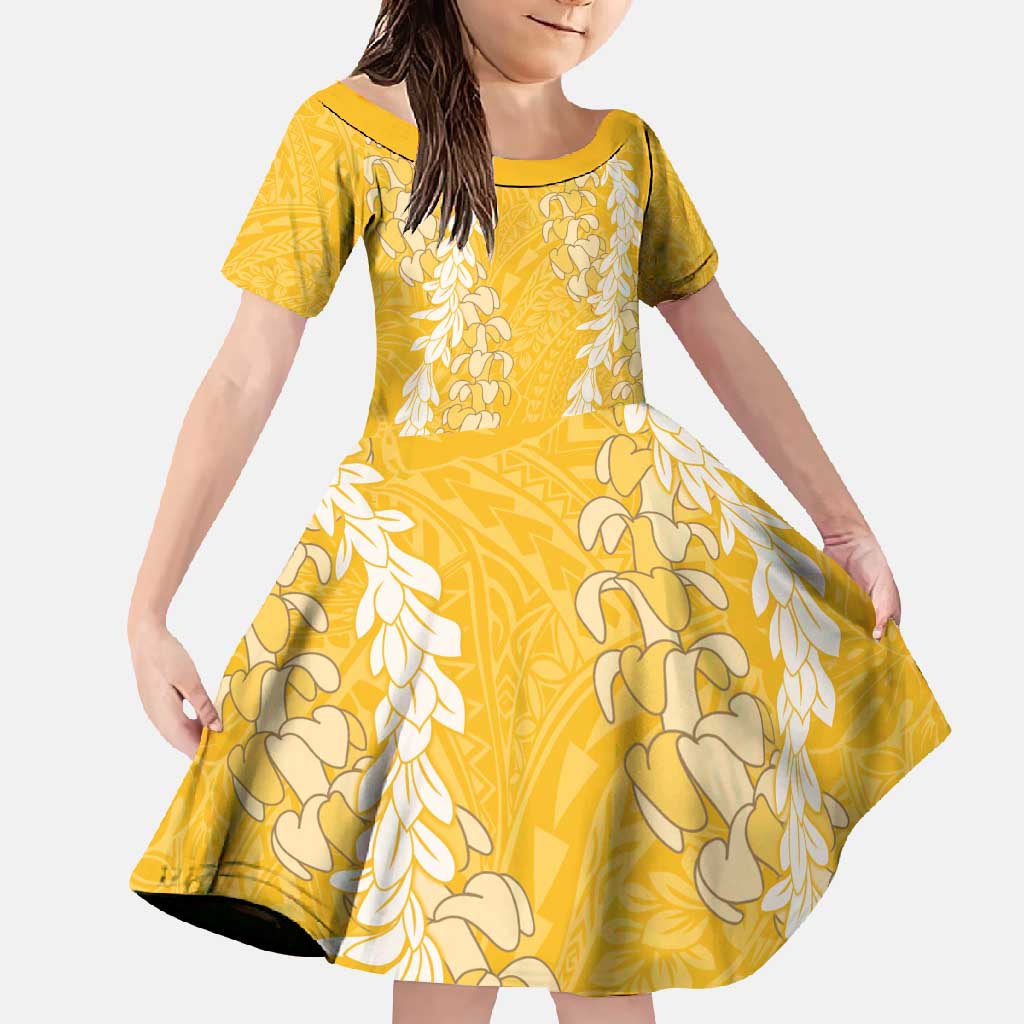 Puakenikeni and Maile Lei Family Matching Mermaid Dress and Hawaiian Shirt Gold Double Strand Lei LT9 Daughter's Dress Gold - Polynesian Pride