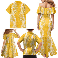 Puakenikeni and Maile Lei Family Matching Mermaid Dress and Hawaiian Shirt Gold Double Strand Lei LT9 - Polynesian Pride