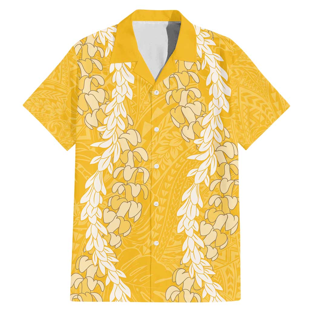 Puakenikeni and Maile Lei Family Matching Mermaid Dress and Hawaiian Shirt Gold Double Strand Lei LT9 Dad's Shirt - Short Sleeve Gold - Polynesian Pride