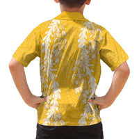 Puakenikeni and Maile Lei Family Matching Off The Shoulder Long Sleeve Dress and Hawaiian Shirt Gold Double Strand Lei LT9 - Polynesian Pride