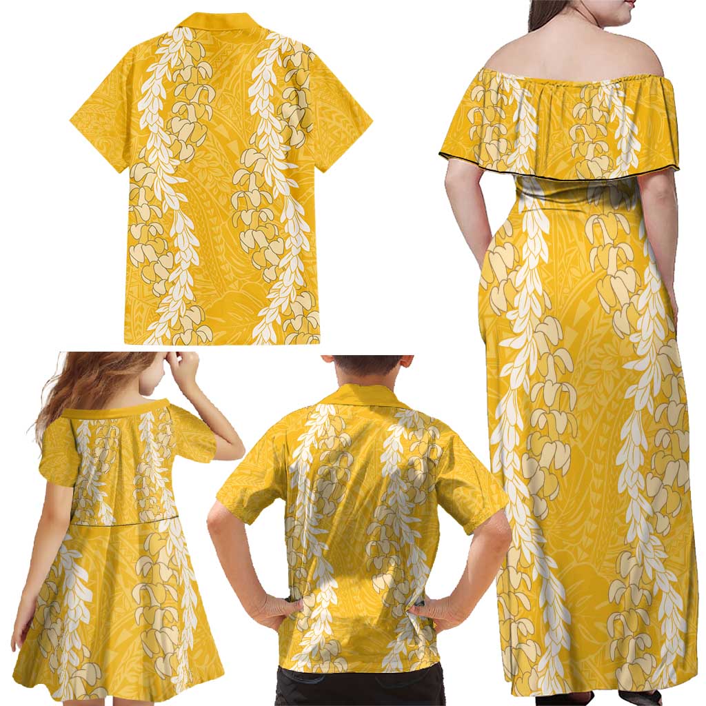 Puakenikeni and Maile Lei Family Matching Off Shoulder Maxi Dress and Hawaiian Shirt Gold Double Strand Lei LT9 - Polynesian Pride