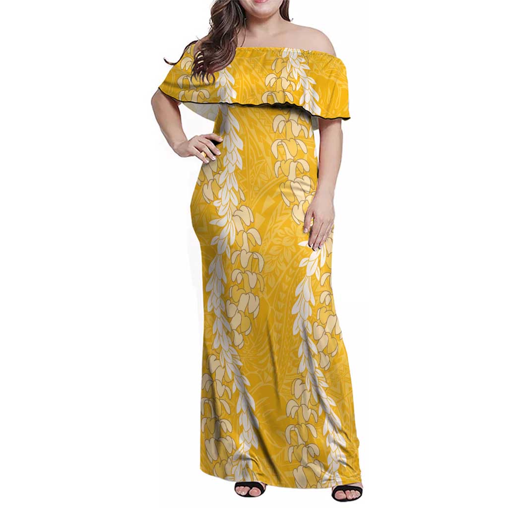 Puakenikeni and Maile Lei Family Matching Off Shoulder Maxi Dress and Hawaiian Shirt Gold Double Strand Lei LT9 Mom's Dress Gold - Polynesian Pride