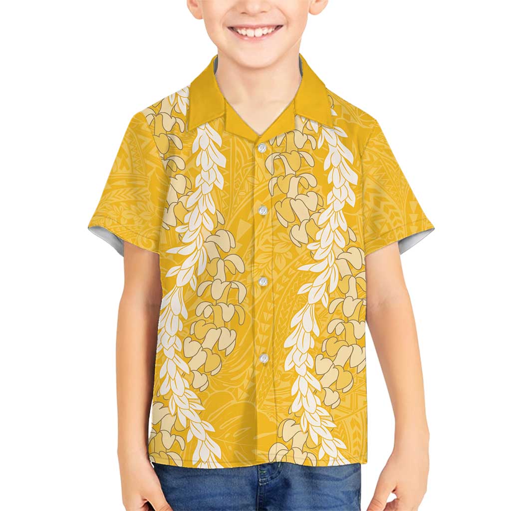 Puakenikeni and Maile Lei Family Matching Off Shoulder Maxi Dress and Hawaiian Shirt Gold Double Strand Lei LT9 Son's Shirt Gold - Polynesian Pride