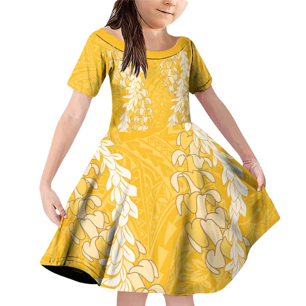 Puakenikeni and Maile Lei Family Matching Off Shoulder Short Dress and Hawaiian Shirt Gold Double Strand Lei LT9 Daughter's Dress Gold - Polynesian Pride