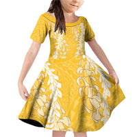 Puakenikeni and Maile Lei Family Matching Off Shoulder Short Dress and Hawaiian Shirt Gold Double Strand Lei LT9 Daughter's Dress Gold - Polynesian Pride