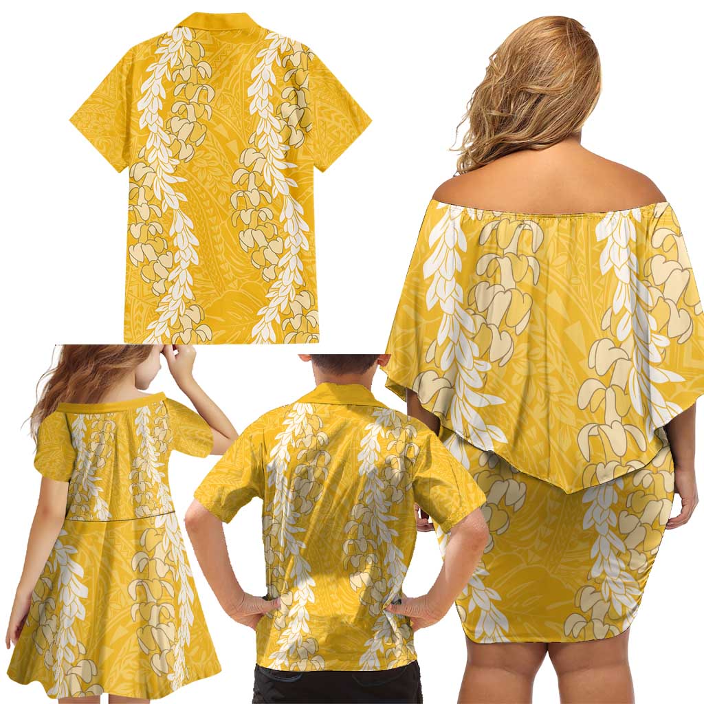 Puakenikeni and Maile Lei Family Matching Off Shoulder Short Dress and Hawaiian Shirt Gold Double Strand Lei LT9 - Polynesian Pride