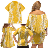 Puakenikeni and Maile Lei Family Matching Off Shoulder Short Dress and Hawaiian Shirt Gold Double Strand Lei LT9 - Polynesian Pride