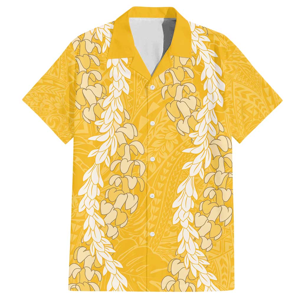 Puakenikeni and Maile Lei Family Matching Off Shoulder Short Dress and Hawaiian Shirt Gold Double Strand Lei LT9 Dad's Shirt - Short Sleeve Gold - Polynesian Pride