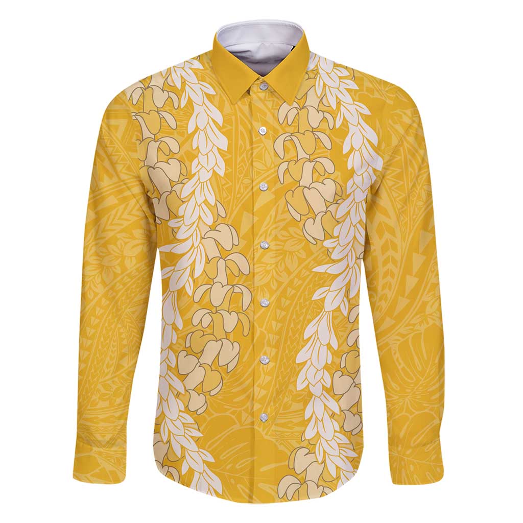 Puakenikeni and Maile Lei Family Matching Off Shoulder Short Dress and Hawaiian Shirt Gold Double Strand Lei LT9 Dad's Shirt - Long Sleeve Gold - Polynesian Pride