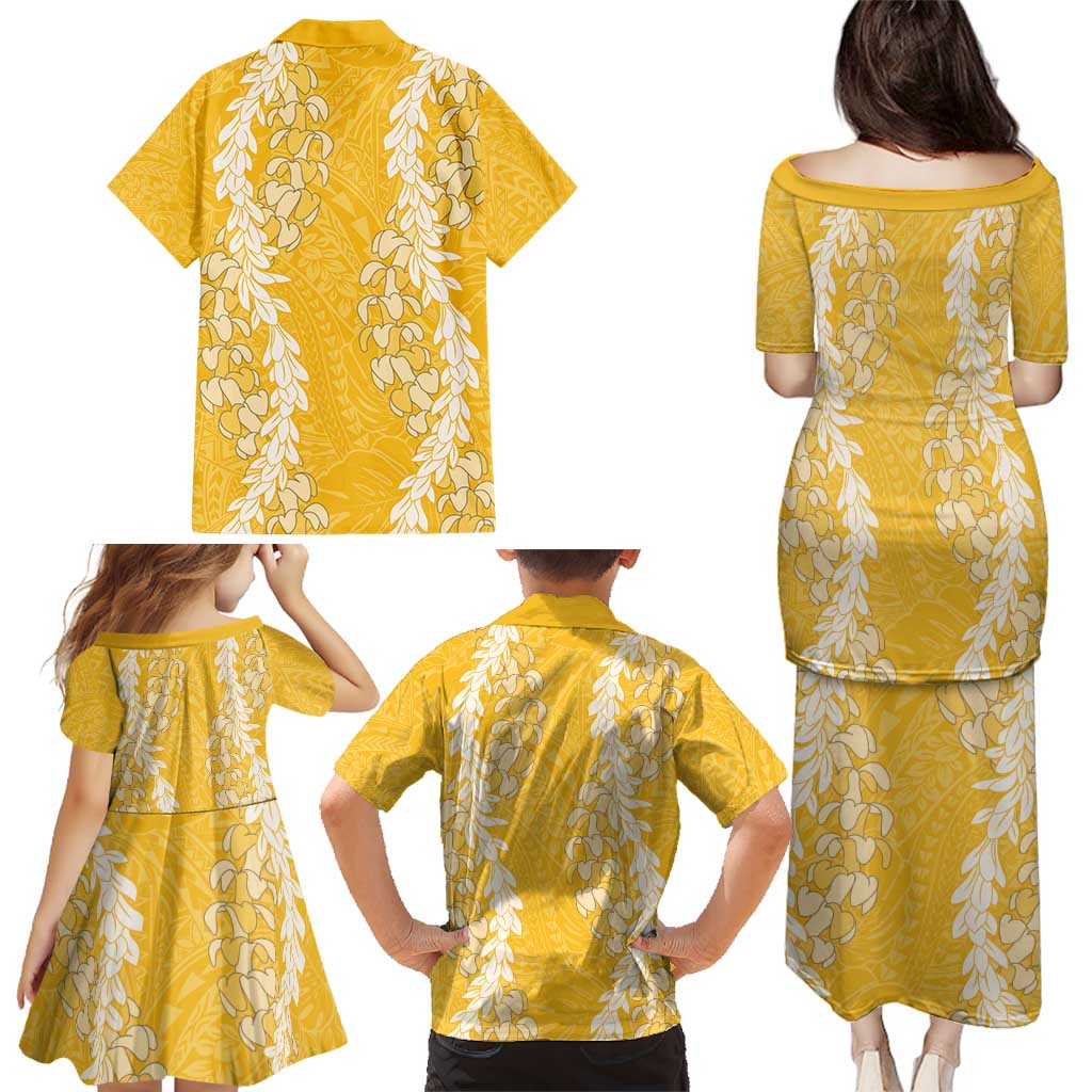 Puakenikeni and Maile Lei Family Matching Puletasi and Hawaiian Shirt Gold Double Strand Lei LT9 - Polynesian Pride