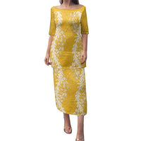 Puakenikeni and Maile Lei Family Matching Puletasi and Hawaiian Shirt Gold Double Strand Lei LT9 Mom's Dress Gold - Polynesian Pride