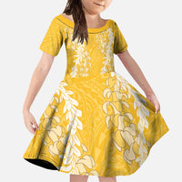 Puakenikeni and Maile Lei Family Matching Short Sleeve Bodycon Dress and Hawaiian Shirt Gold Double Strand Lei LT9 Daughter's Dress Gold - Polynesian Pride