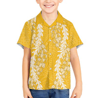 Puakenikeni and Maile Lei Family Matching Short Sleeve Bodycon Dress and Hawaiian Shirt Gold Double Strand Lei LT9 Son's Shirt Gold - Polynesian Pride