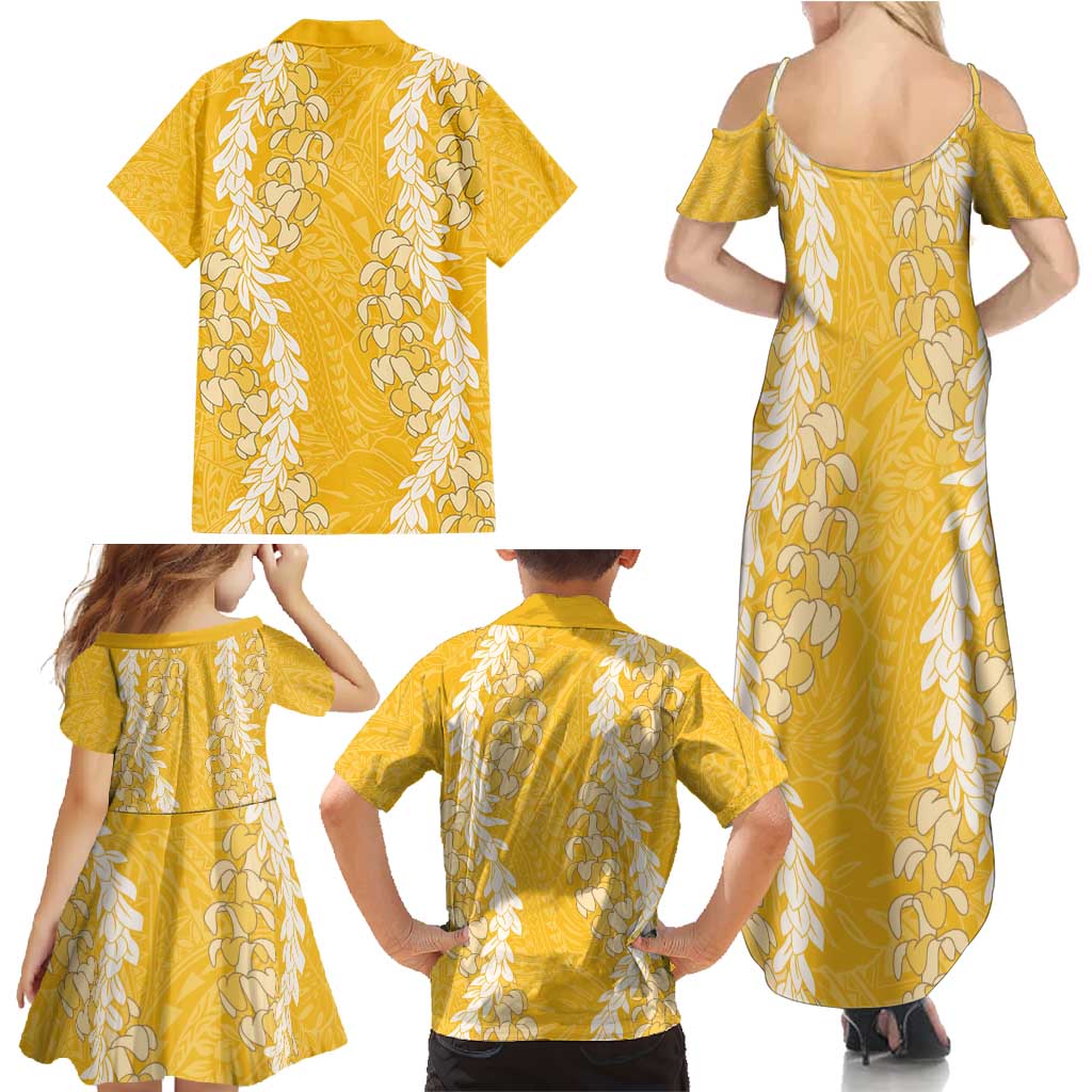 Puakenikeni and Maile Lei Family Matching Summer Maxi Dress and Hawaiian Shirt Gold Double Strand Lei LT9 - Polynesian Pride
