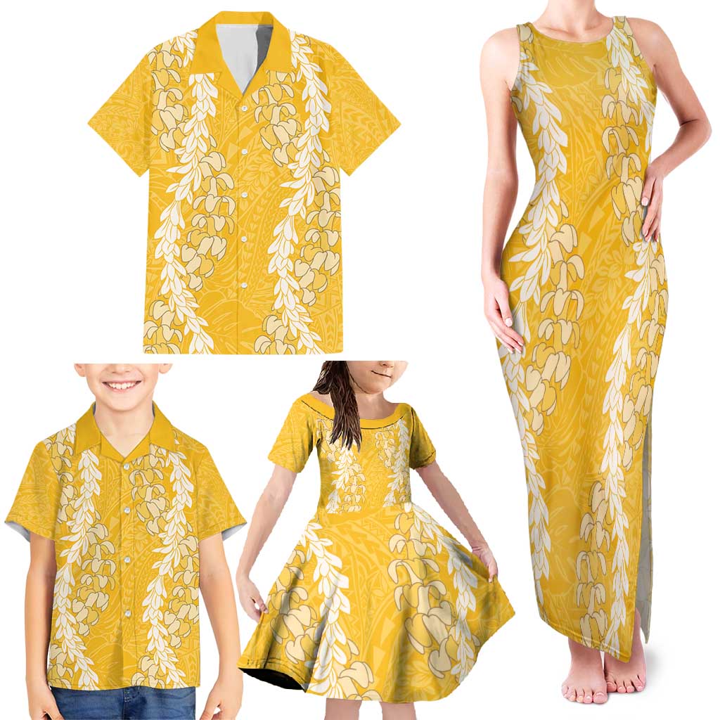 Puakenikeni and Maile Lei Family Matching Tank Maxi Dress and Hawaiian Shirt Gold Double Strand Lei LT9 - Polynesian Pride