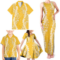 Puakenikeni and Maile Lei Family Matching Tank Maxi Dress and Hawaiian Shirt Gold Double Strand Lei LT9 - Polynesian Pride