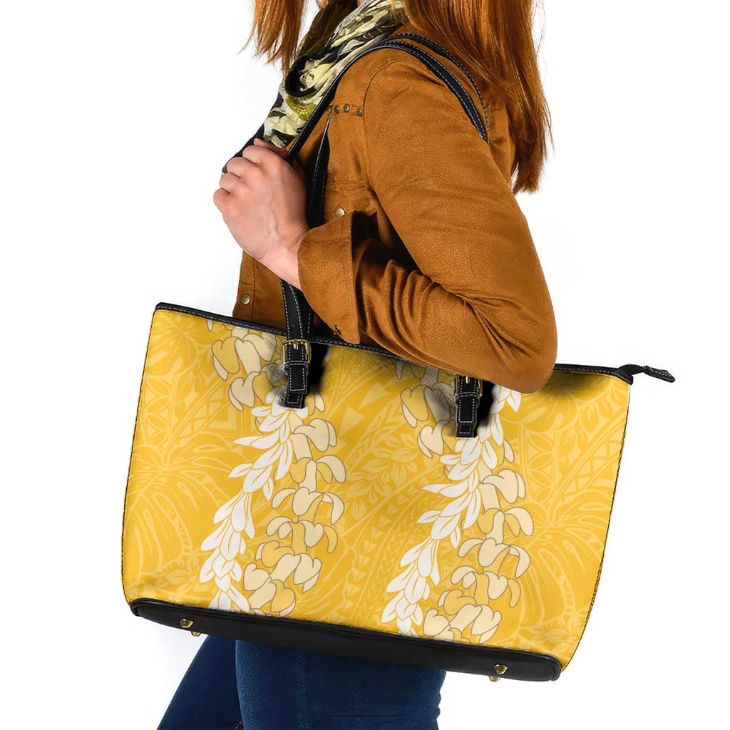 Puakenikeni and Maile Lei Leather Tote Bag Gold Double Strand Lei LT9 Gold - Polynesian Pride