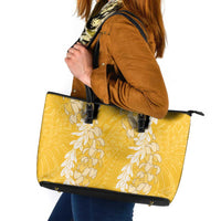 Puakenikeni and Maile Lei Leather Tote Bag Gold Double Strand Lei LT9 Gold - Polynesian Pride