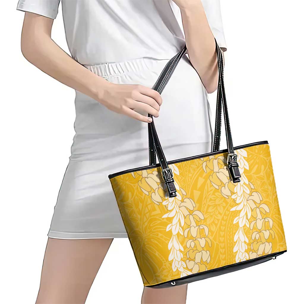 Puakenikeni and Maile Lei Leather Tote Bag Gold Double Strand Lei LT9 - Polynesian Pride
