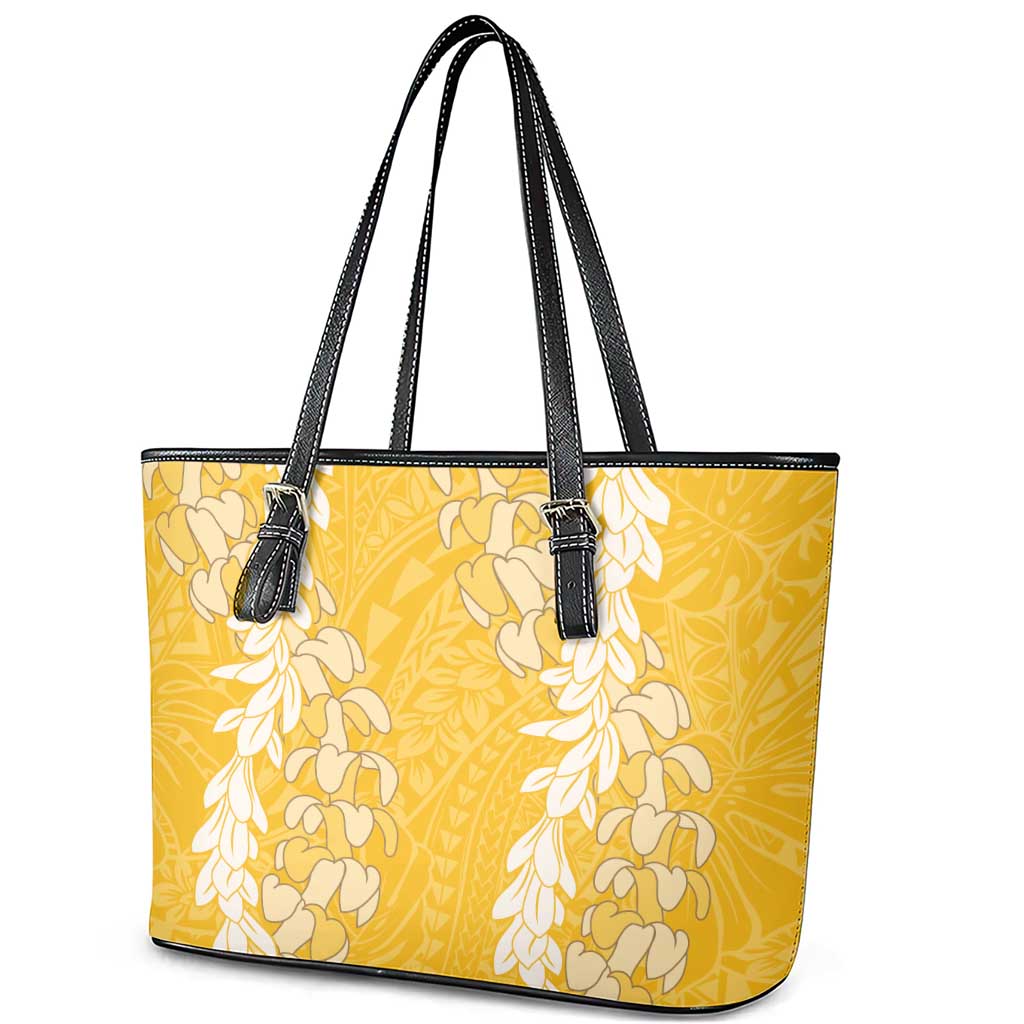 Puakenikeni and Maile Lei Leather Tote Bag Gold Double Strand Lei LT9 - Polynesian Pride